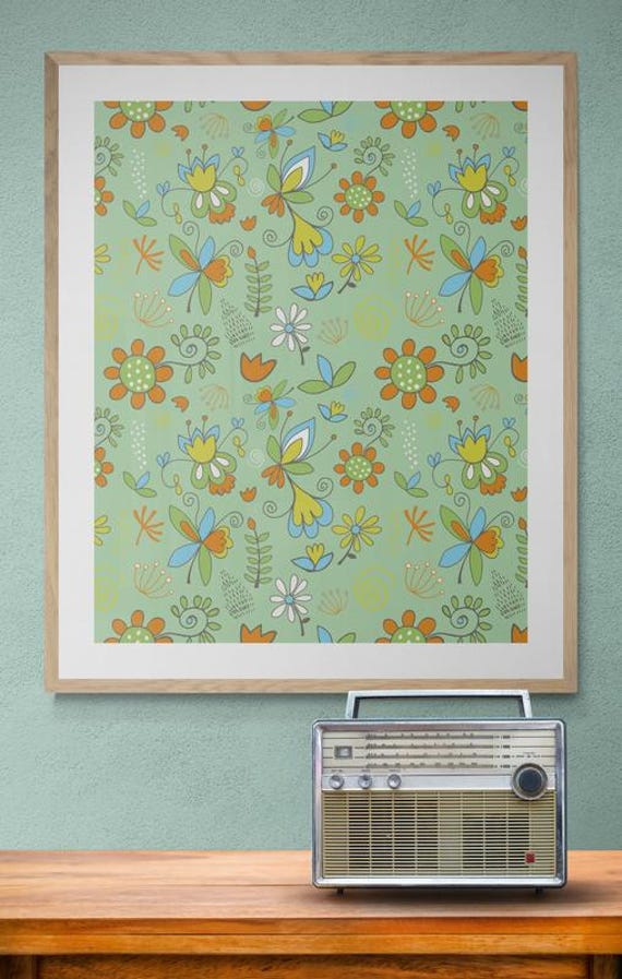 Printable colorful whimsical flowers pattern on pastel green, decorative wall art, digital download