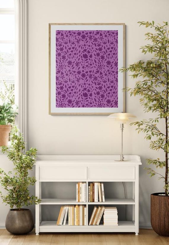 Printable dark purple flowers pattern on light purple, decorative wall art, digital download
