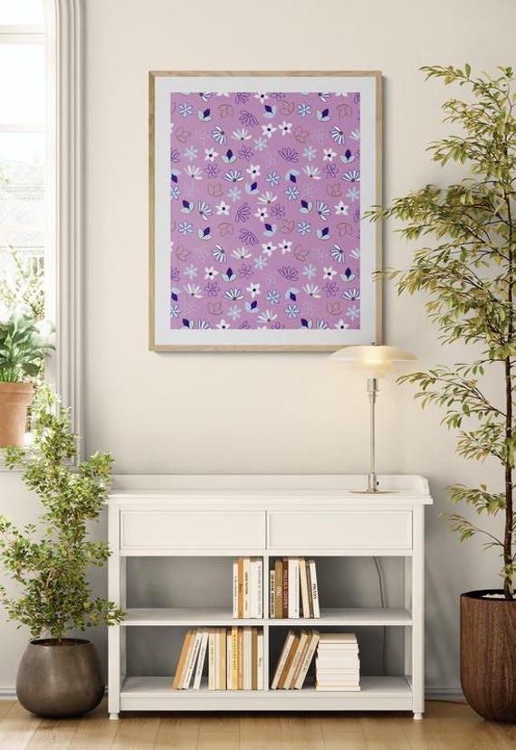 Printable charming blue daisies pattern on purple, decorative wall art, digital download