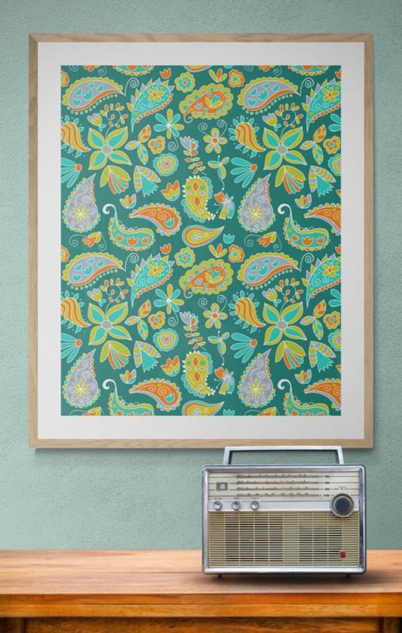 Printable floral paisley pattern on turquoise wall art, digital download