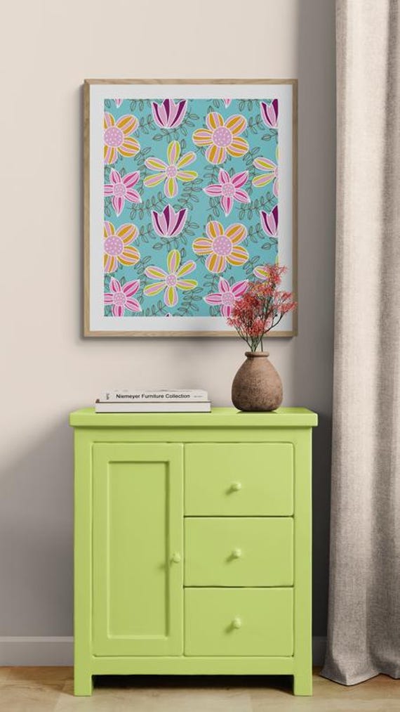 Printable colorful retro flowers & foliage pattern on turquoise wall art, digital download