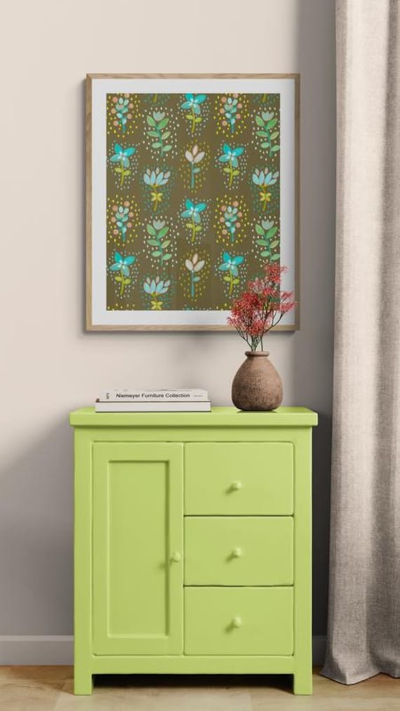 Printable turquoise wild flowers pattern on brown, decorative wall art, digital download