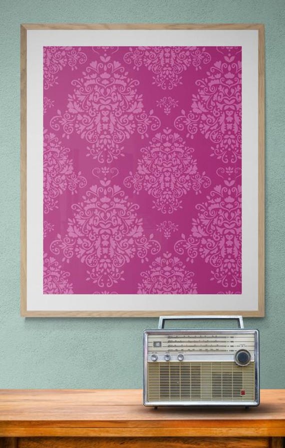 Printable charming pastel pink floral damask pattern on dark pink, decorative wall art, digital download