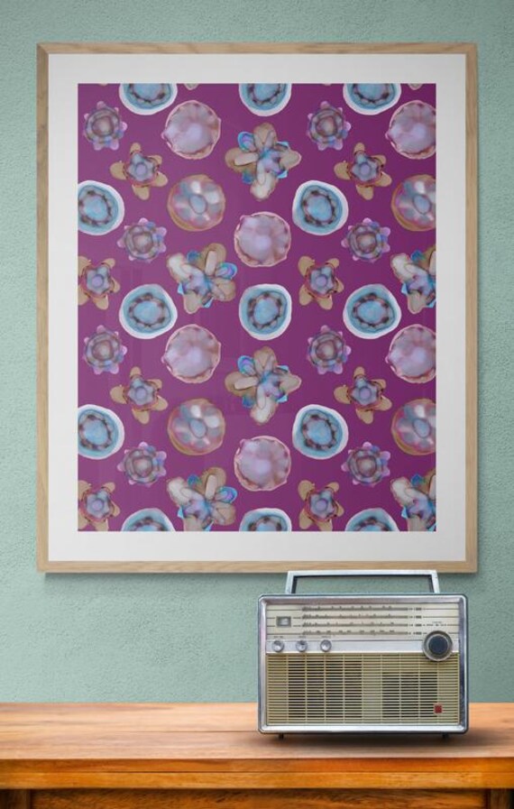 Printable alcohol ink flowers painting pattern on purple, decorative wall art, digital download