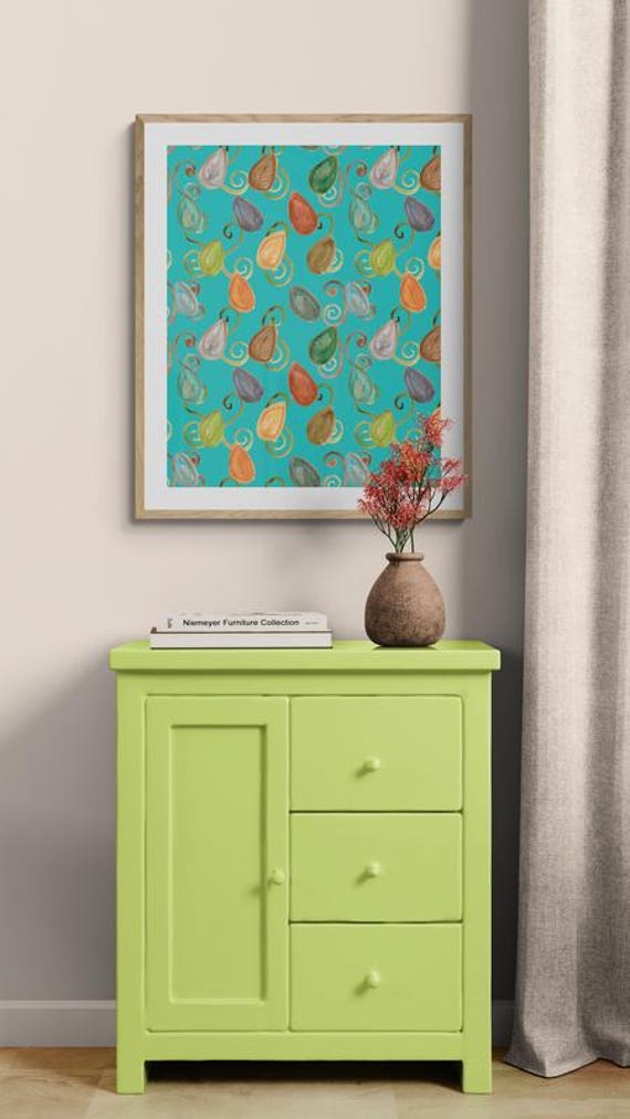 Printable watercolor leaves pattern on turquoise, decorative wall art, digital download