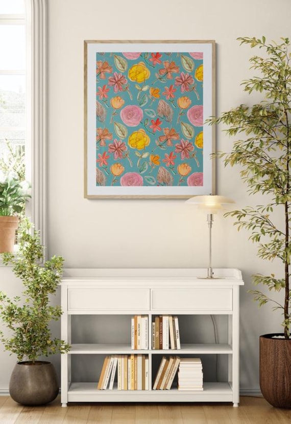 Printable colorful watercolor flowers pattern on steel blue, decorative wall art, digital download