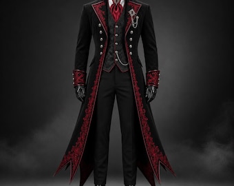 May include: A black long coat with red floral embroidery on the lapels and cuffs, paired with a black patterned waistcoat, a red cravat with a silver brooch, black trousers, and black shoes. The coat features silver buttons and a silver chain accessory.
