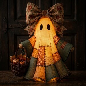 Vintage Halloween Ghost Door Hanger, Patchwork Ghost Decor with LED Lights, Rustic Farmhouse Fall Porch Decoration