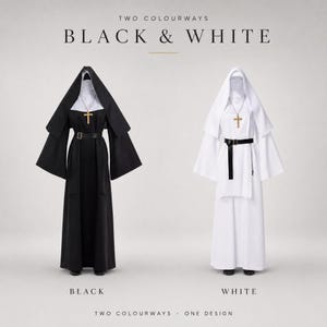 May include: Two nun costumes in black and white colourways. Each features a long-sleeved floor-length habit, a matching veil, a white wimple, a black belt with a buckle, and a gold-toned cross necklace. Text reads: TWO COLOURWAYS BLACK & WHITE.