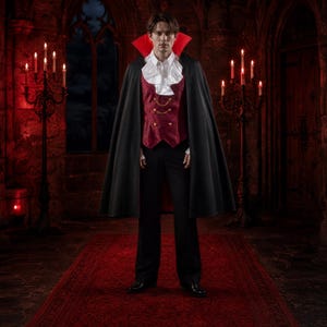 Può includere: Un costume da vampiro composto da un lungo mantello nero con colletto rosso alto, una camicia bianca con jabot arricciato e un gilet in broccato rosso scuro con bottoni dorati e catenelle, abbinato a pantaloni neri e scarpe eleganti nere.