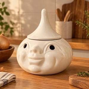 May include: A cream-colored ceramic garlic keeper shaped like a bulb of garlic with a smiling face. The container features a removable pointed lid and two circular eye openings. The surface is smooth and glossy, designed for storing garlic bulbs.