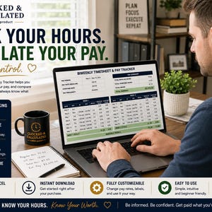 May include: A digital biweekly timesheet and pay tracker spreadsheet displayed on a laptop screen. The interface features columns for dates, start and end times, regular hours, overtime, and a pay summary. A black mug with a clock logo sits nearby.