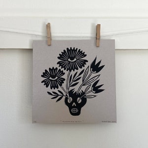 Block Print, Linocut Print, Blooming Skull, Botanical Art, Memento Mori, Skull Art, Folk Art, Death Positive