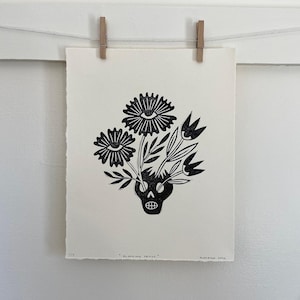Block Print, Linocut Print, Blooming Skull, Botanical Art, Memento Mori, Skull Art, Folk Art, Death Positive, Floral Art