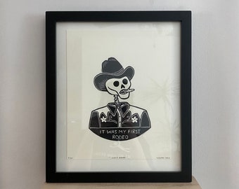 It Was My First Rodeo - Block Print, Linocut, Handprinted, Skull, Cowboy8