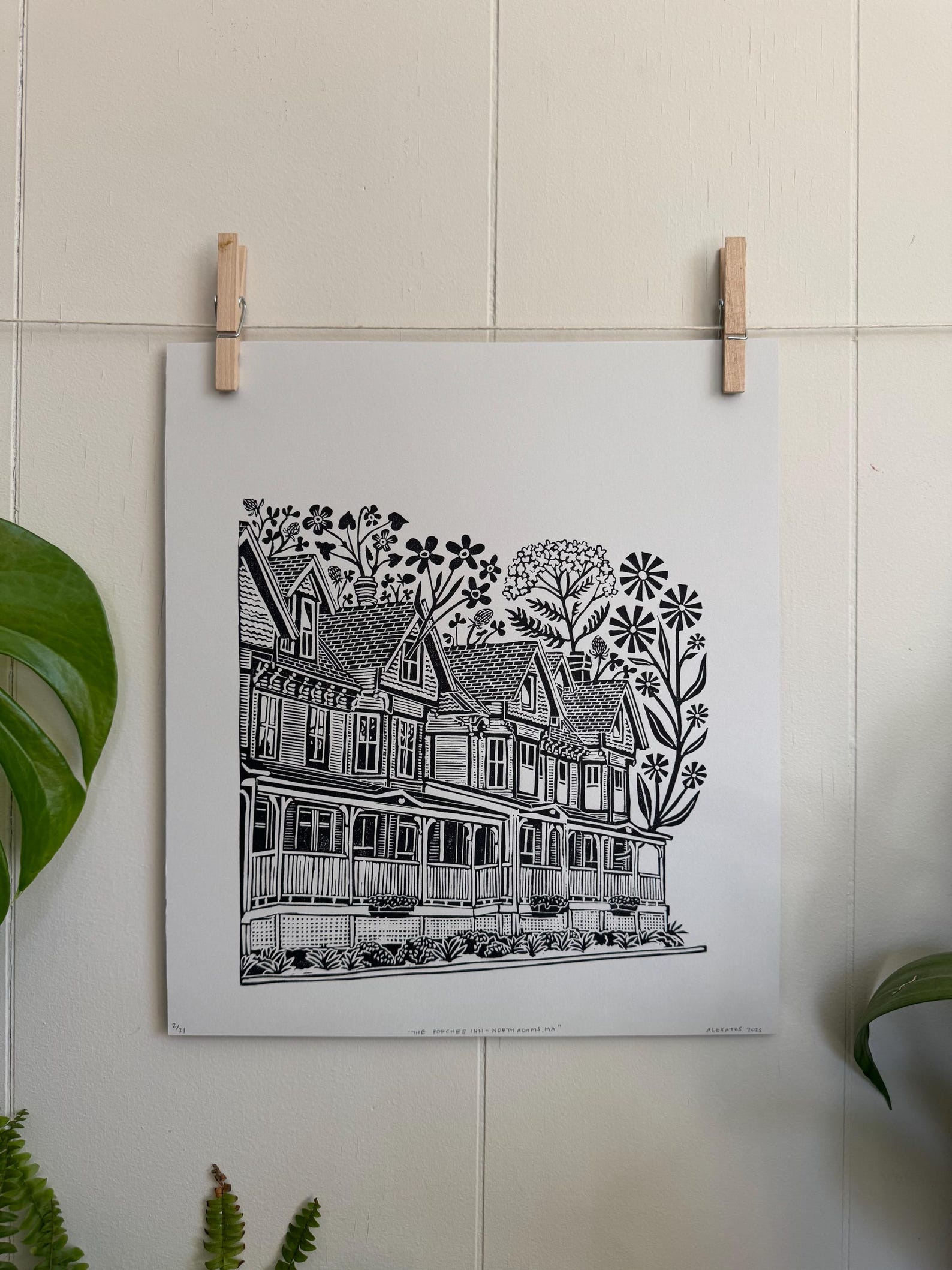 The Porches Inn, North Adams, Block Print, Linocut, Building Portrait