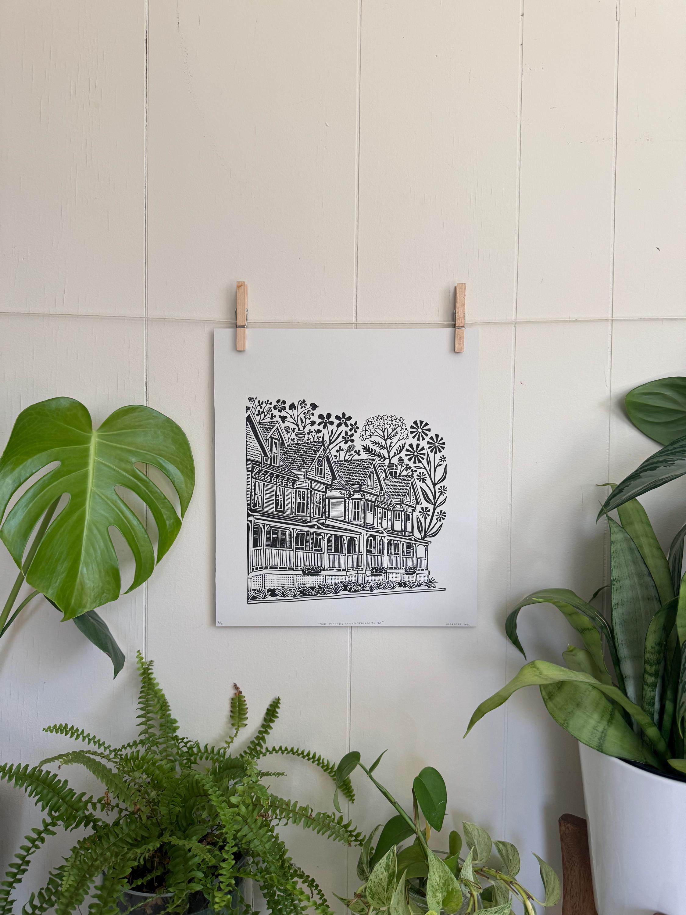 The Porches Inn, North Adams, Block Print, Linocut, Building Portrait