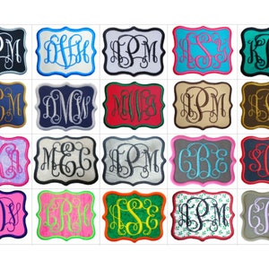 May include: A grid of twenty rectangular patches with scalloped edges, each featuring a unique three-letter monogram embroidered in various thread colors and fabric backgrounds, including solid, patterned, and bright neon color combinations.