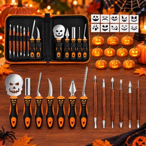 May include: A pumpkin carving kit featuring stainless steel tools with orange and black handles, including saws, scoops, and detailers. The set comes in a black zippered storage case and includes a sheet of ten stencil designs for jack-o'-lantern faces.