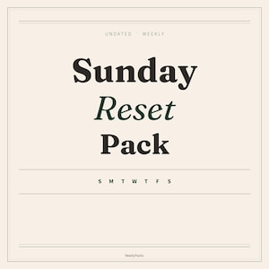 May include: A square digital planner cover with a cream background and dark text. It reads Undated Weekly, Sunday Reset Pack, and S M T W T F S. The design features thin horizontal lines at the top and bottom, with the brand name ReadyPacks at the base.