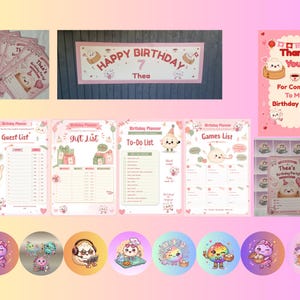 May include: A birthday party stationery set featuring a banner with the text Happy Birthday 7 Thea, thank you cards, guest lists, gift lists, to-do lists, games lists, and circular stickers, all decorated with cartoon dumpling characters.