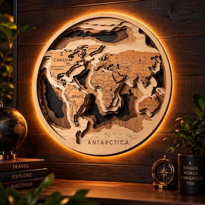 May include: A circular wooden wall art piece featuring a multi-layered 3D world map with engraved country names and continents. The design is illuminated by a warm LED backlight, creating a glowing effect around the edges of the wooden frame.