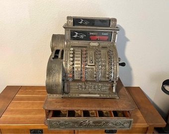 Antique National Cash Register Model 442 circa 1912, Nickel Plated Brass NCR with Wood Cash Drawer