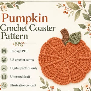 Schema PDF per sottobicchiere all'uncinetto a forma di zucca, bozza non testata, guida per sottobicchieri autunnali in cotone, 18 pagine, terminologia statunitense.