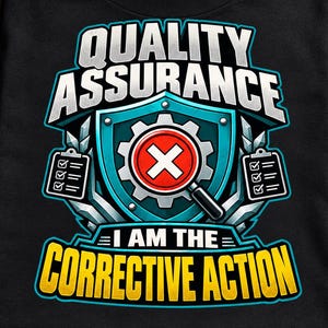 Peut inclure: Un t-shirt noir avec un motif graphique portant le texte "QUALITY ASSURANCE" en blanc et "I AM THE CORRECTIVE ACTION" en jaune. Le centre présente un bouclier bleu sarcelle, un engrenage, une loupe avec un "X" rouge et deux listes.