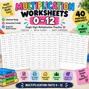 Könnte beinhalten: Ein Set aus 40 druckbaren Multiplikationsarbeitsblättern für einstellige Übungen von 0-12, inklusive Lösungsschlüsseln. Das Dokument enthält Seiten mit mathematischen Aufgaben, farbigen Textüberschriften und Symbolen für den Unterricht.