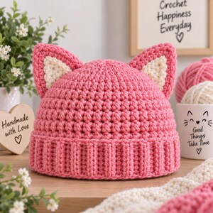 Op de afbeelding: Een roze gehaakte muts met twee puntige kattenoren met crèmekleurige centra. De muts heeft een geribbelde boord en een gestructureerd steekpatroon over het hoofdgedeelte, wat zorgt voor een zachte, ronde vorm met duidelijke katachtige details.