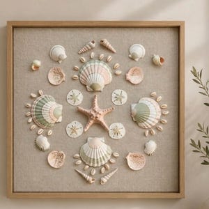 May include: A square wall art piece featuring a collection of seashells, starfish, and sand dollars arranged in a symmetrical pattern on a beige linen background, all enclosed within a light-toned wooden frame with a clean, simple border.