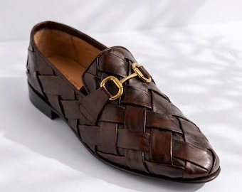 Handcrafted Woven Leather Horsebit Loafers – Men’s Luxury Slip-On Dress , Shoes wedding footwear