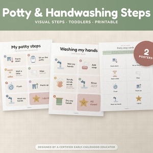 Könnte beinhalten: Drei Lernposter mit den Titeln Potty & Handwashing Steps, My potty steps und Washing my hands. Diese druckbaren Diagramme enthalten nummerierte Symbole und Textanweisungen für die Badroutine, inklusive eines 2 posters Abzeichens.
