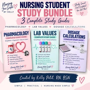 May include: A nursing student study bundle featuring three guides titled Pharmacology, Lab Values, and Dosage Calculations. The covers display medical icons like a stethoscope, test tubes, and a calculator, with text by Kelly Petit, RN, BSN.