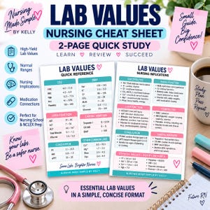 以下が含まれることがあります： Lab Values Nursing Cheat Sheet 2-Page Quick Studyというタイトルの2ページの看護師用チートシート。このドキュメントには、CBC、BMP、肝機能、心臓マーカーの表と数値データ、および看護上の留意点や臨床検査値が記載されています。