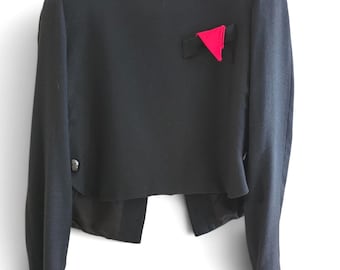 Vintage 80s R. Warren Crop Jacket Women's 6 Black Back Button Red Pocket Square