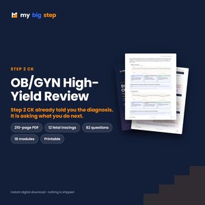 May include: A digital study guide titled Step 2 CK OB/GYN High-Yield Review on a dark blue background. The text includes 210-page PDF, 12 fetal tracings, 82 questions, 18 modules, and printable. It features a preview of medical document pages.