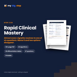 Pode incluir: Um guia de estudo digital intitulado STEP 2 CK Rapid Clinical Mastery, contendo um PDF de 136 páginas com 29 algoritmos, 28 tabelas de diferenciação e 47 perguntas. O documento inclui um fluxograma sobre um fundo azul escuro.