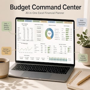 May include: A laptop screen displaying a Budget Command Center All-in-One Excel Financial Planner. The interface features a daily tracker, monthly budget overview, pie chart, savings goals, debt payoff tools, and a yearly overview dashboard.