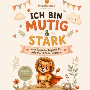 Pode incluir: Uma capa de livro intitulada ICH BIN MUTIG & STARK com um leão de desenho animado usando uma capa e máscara de super-herói. O design inclui elementos decorativos como bandeirolas, nuvens, corações e folhagens. Texto inclui DreamStoriesCo e 3-6 Jahren.