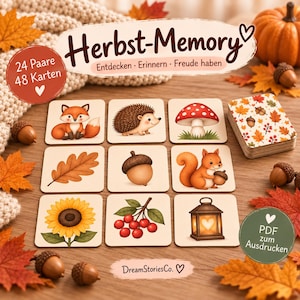 Autumn Matching Game Printable | 24 Pairs of Fall Picture Cards | Kids Preschool & Kindergarten Activity | PDF | Herbst Memory PDF