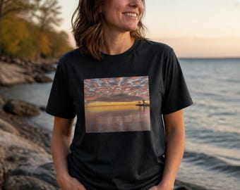 Camiseta con fotografía del amanecer en el lago Ontario, camiseta con reflejo otoñal, camiseta de Toronto, Canadá.