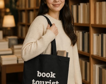 Bolso de mano de algodón orgánico con diseño de turista lector, ideal para amantes de los libros, bibliotecarios y amantes de la lectura.