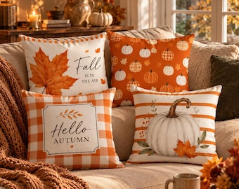 Housses de Coussin Citrouille Automne Lot de 4, Coussins Décoratifs 45x45cm, Taie d’Oreiller Cocooning Campagne, Déco Hello Autumn