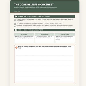 May include: A two-page Core Beliefs Worksheet document featuring dark green headers and white backgrounds. The text includes instructions for tracing thoughts, sections for personal, relationship, and future fear categories, and blank lines for writing.