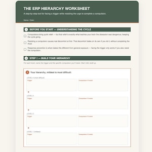 May include: A two-page ERP Hierarchy Worksheet from the OCD Toolkit. The document features sections titled Before You Start, Understanding the Cycle, and Build Your Hierarchy, with blank fields for triggers and compulsions, printed in dark green and white.