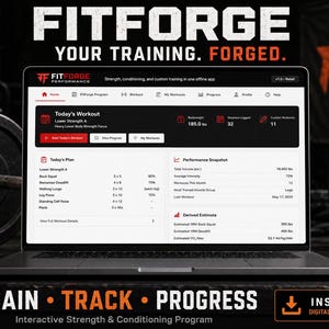 May include: A laptop screen displaying the FitForge Performance app interface, showing a workout dashboard with Today's Workout, performance snapshots, and derived estimates. The screen features text including FitForge, Today's Workout, and Lower Strength A, with a black and white colour scheme.