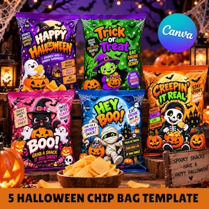 Peut inclure: Cinq sachets de snacks colorés sur le thème d'Halloween avec des personnages comme un fantôme, une sorcière, un chat noir, une momie et un squelette. Chaque sachet affiche des textes festifs comme Happy Halloween, Trick or Treat, Boo, Hey Boo.