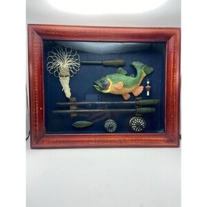 VTG Fishing Shadow Box Wall Decor Cabin Lake House Fly Rod Fish Display 11x13.5